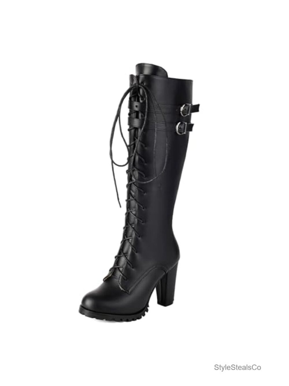Women's Knee High Combat Boots Lace Up Block Heel PU Leather Zip